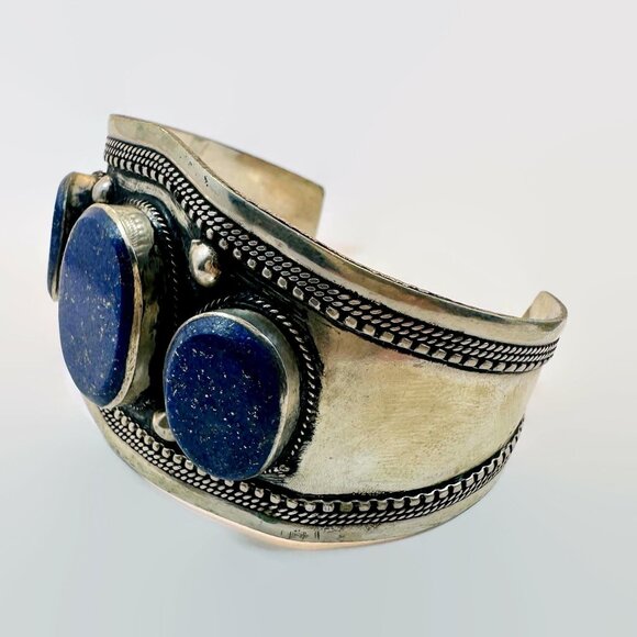 Lapis Bracelet, Kuchi Jewelry, Middle Eastern, Silver Cuff,  Vintage, Boho - Picture 4 of 5
